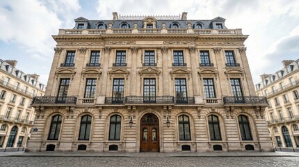 Obraz premium A majestic European-style building stands tall in a city square under a cloudy sky with elegant architecture.