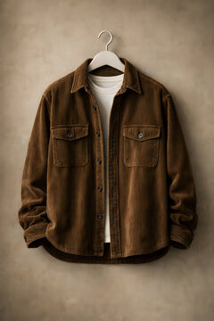 Brown corduroy overshirt minimalist menswear studio mockup with textured fabric