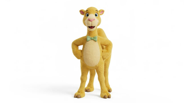 Yellow cartoon camel wearing a green bow tie stands confidently in a heroic pose a full body frontal view against a plain white studio background symbolizing exciting desert adventures and