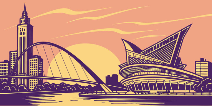 Milwaukee sunset skyline. Vector