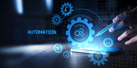 Fototapeta premium Workflow and System Automation Illustrated on a Digital Interface with Robotic Process and Server Icons.