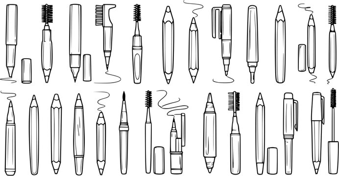 Beauty Cosmetics Eye Makeup Tools Line Art Vector Set: Hand-Drawn Black and White Eyebrow Pencils, Eyeliner, Mascara, and Brushes Collection