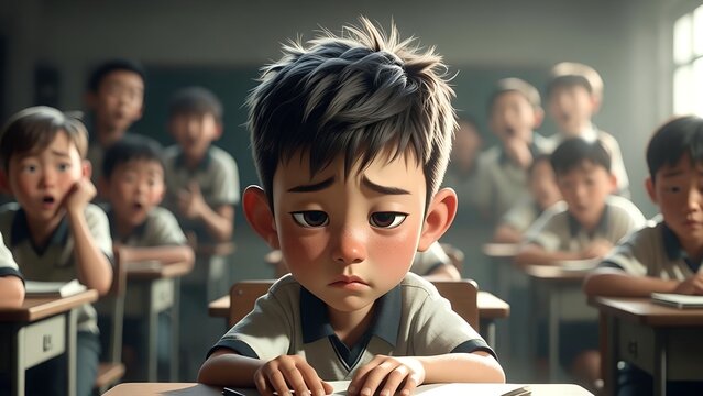 Sad Young Boy Sitting at Desk in Classroom with Downcast Expression