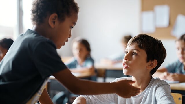 Young Boy Helping Classmate with Gentle Touch in Classroom