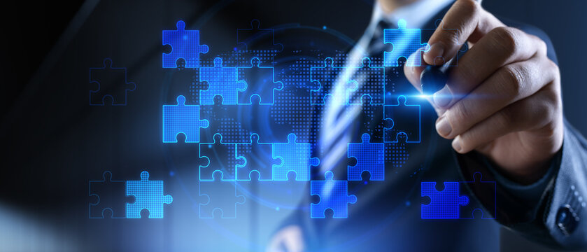 Business Strategy and Global Collaboration Concept with Digital Puzzle Integration.