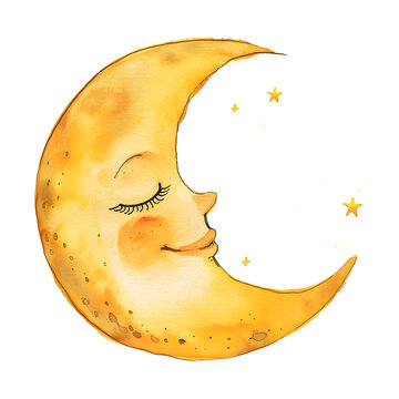 Cute crescent moon with sleeping face and stars