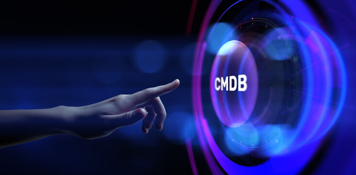 CMDB Configuration management database. Hands pressing button virtual screen.