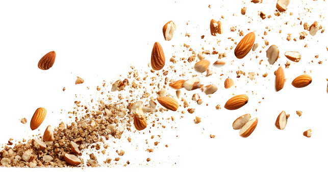 Scattered almonds and nut fragments on transparent background