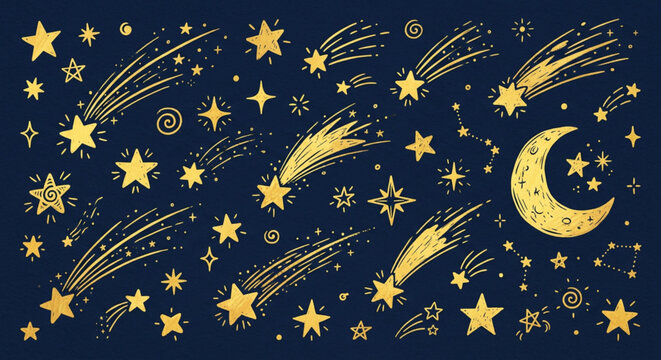 Hand-drawn celestial vector set featuring sparkling stars, shooting stars, crescent moon, and constellations on a dark background