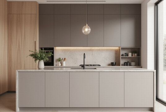 Minimalist bright kitchen interior featuring sleek modern cabinetry and an empty picture frame mockup for elegant home decor presentation and contemporary residential design.