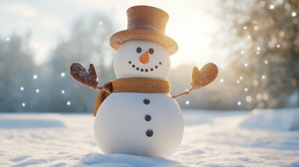 Obraz premium A cheerful snowman with a brown top hat, scarf, and mittens stands in a snowy outdoor setting under soft sunlight.