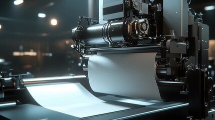 Fototapeta premium Detailed close-up of white paper feeding into a high-tech industrial printing press machine