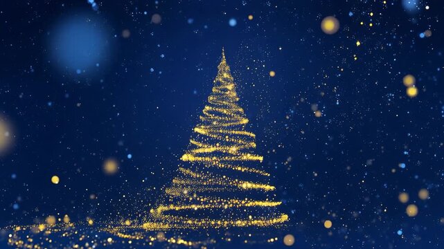 Golden Christmas Tree in Starry Night: A radiant golden Christmas tree shimmers against a backdrop of a deep blue starry night. Tiny twinkling stars, create a magical, festive atmosphere.