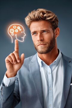 Businessman touching digital hologram of a human head to symbolize innovation, intelligence and idea generation