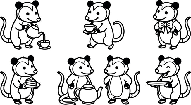 Black and white vector art possum pouring tea holding cup and cake