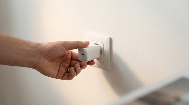 Hand Plugging Power Adapter into Wall Socket Energy Saving Campaign Home Electricity Sustainability Concept