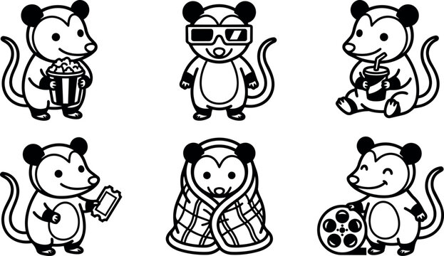 Black and white line art mouse with popcorn glasses drink ticket film reel and blanket