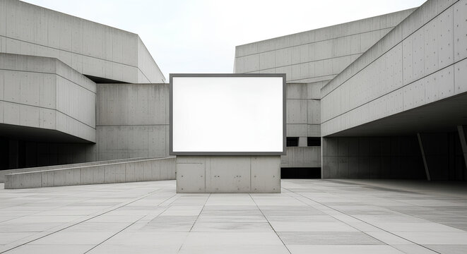 Blank Horizontal Billboard Mockup in Minimalist Brutalist Concrete Urban Architecture Plaza
