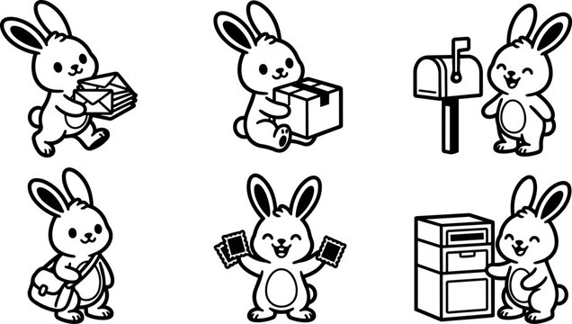Black and white line art postal bunny with envelopes mailbox and parcel
