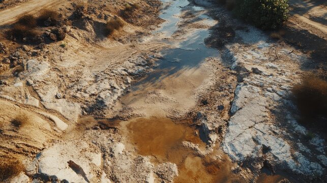 Dry riverbed showcasing severe water scarcity effects with cracked earth and minimal water supply, highlighting environmental drought