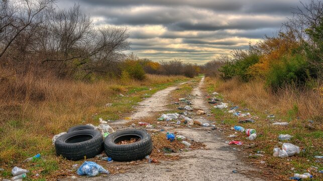 Discarded tires and plastic waste litter a rural dirt road ditch under a cloudy sky, highlighting environmental neglect.