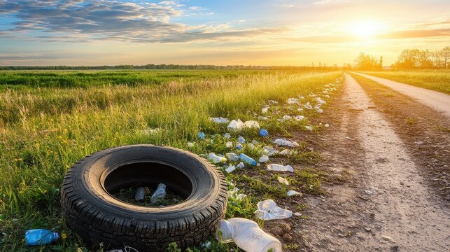 Discarded tires and plastic waste littering a rural roadside ditch under a bright, setting sun