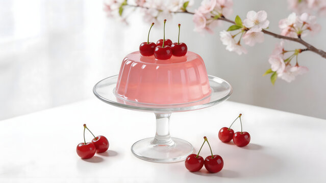 Pink jelly dessert with cherries