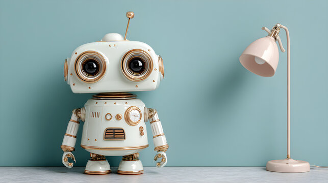 Cute retro robot representing AI tax assistant technology on a light blue background.