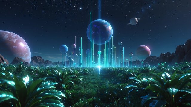 ゲーム背景　幻想的な光の結晶が実る夜の森風景