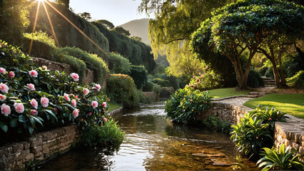 Fototapeta premium Elegant Garden with Camellia Flowers and Stream in Warm Sunset Light