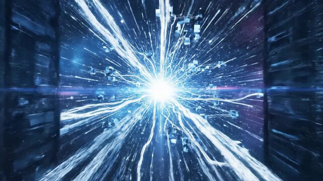 An abstract big data technology background forms a futuristic digital space where information flows through interconnected systems and networks.