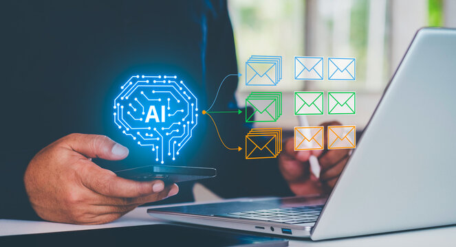 AI email classification system analyzing inbox messages and automatically sorting into categories like spam, priority, and marketing using machine learning interface overlay on laptop workspace