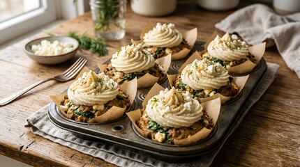 Fototapeta premium Savory Spinach and Feta Muffins with Whipped Cream Cheese Frosting