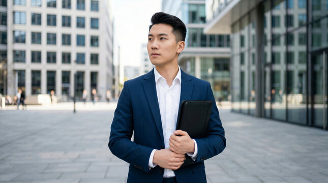 Young Asian man in a blue suit holding a document, looking to his left, in front of a modern city office building
