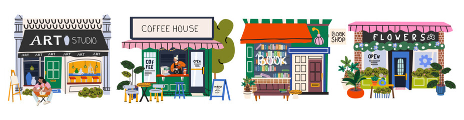 Shop building facades for small business set with showcase windows of art studio, coffee house, bookstore and flower shop. Vector flat illustration