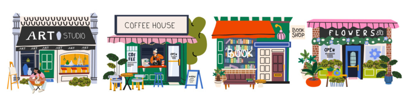 Shop building facades for small business set with showcase windows of art studio, coffee house, bookstore and flower shop. Vector flat illustration