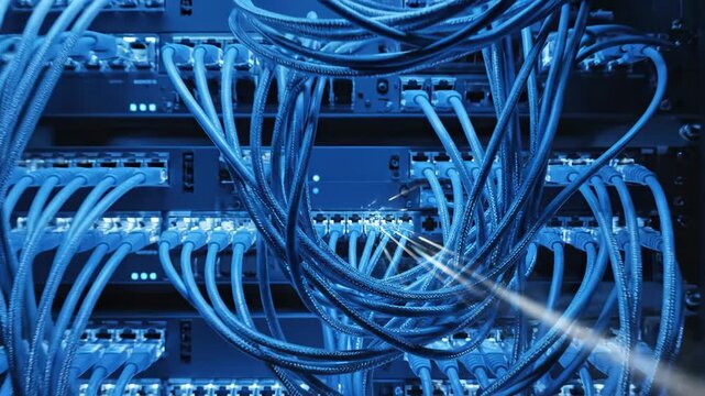 Close-up of blue network cables plugged into a server rack with bright light effects
