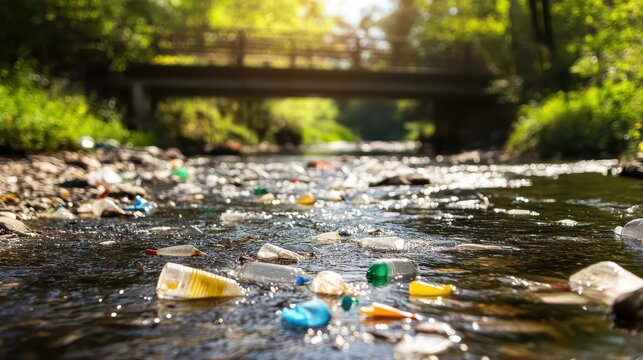 Plastic Pollution Floats Down a River Near a Small Bridge Under Bright Midday Sun