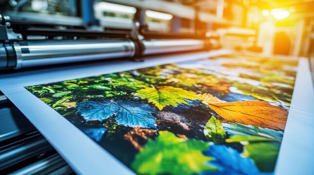 Professional printing machine producing vibrant, colorful marketing materials with detailed leaf imagery close up