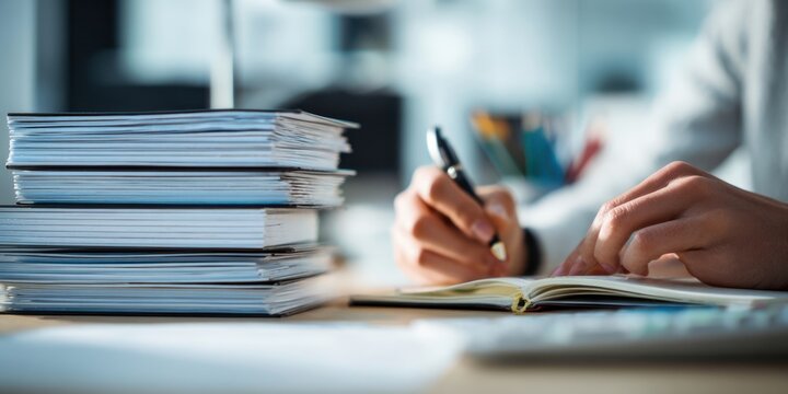 The stack of magazines and a focused writer taking notes at a bright desk