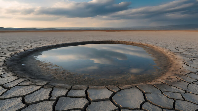 Dry cracked land with limited water source representing water scarcity and environmental challenges affecting global sustainability