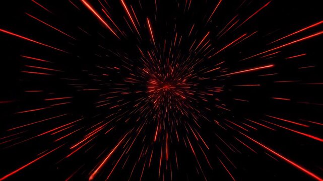 Abstract hyperspace jump through universe with stars and light rays in red color, glowing lines moving at speed of light, animated cosmic background footage.