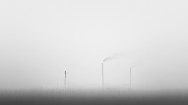 Industrial smokestacks emitting smoke against a foggy sky, creating a high contrast, minimalist scene with ample copy space