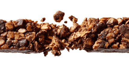 Obraz premium Healthy granola bar breaking in half with flying crumbs isolated on transparent background, chocolate and oat energy bar close-up.