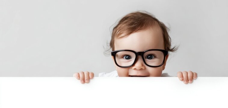 The Baby Wearing Glasses Peeking Over White Surface With Playful Curious Smile
