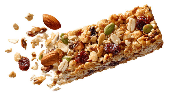 Whole grain granola bar with almonds and cranberries breaking with flying ingredients, isolated on transparent background, healthy snack 3D render.
