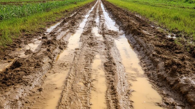 Muddy rural track with deep ruts and puddles, reflecting overcast daylight in overgrown fields