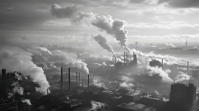 Industrial Factory Landscape with Plumes of Smoke Ascending into a Hazy Sky