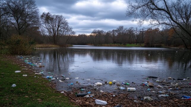 Plastic Pollution Marring a Suburban Park Shoreline with Overcast Skies