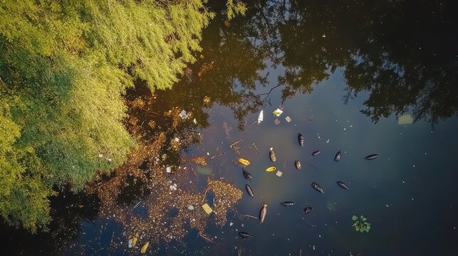 Polluted pond scene with floating debris and forest background, aerial view showcasing environmental concern
